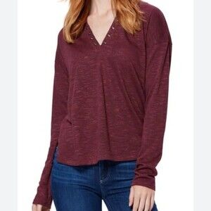 Paige Ashton Grommet V-neck Long Sleeve Top Color Burgundy Black Size S
